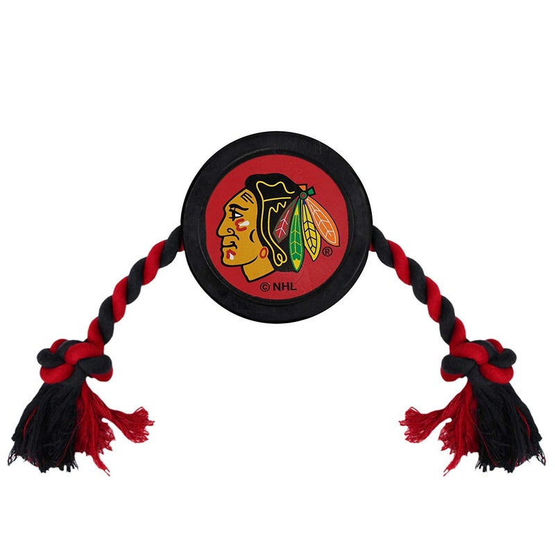 Pets First Rubber Dog Toy - Heavy-Duty Rope Tug with NHL Chicago Blackhawks Puck. Play Hockey with Your Pet! - Image 1